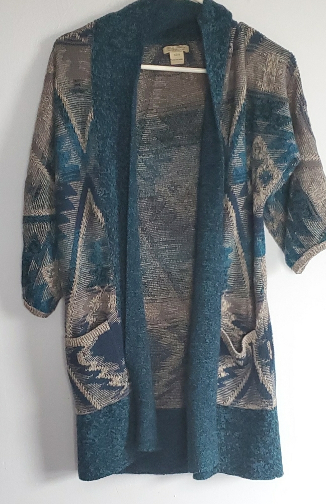 Lucky Brand Blue & Tan Open Front Cardigan SZ XS/S